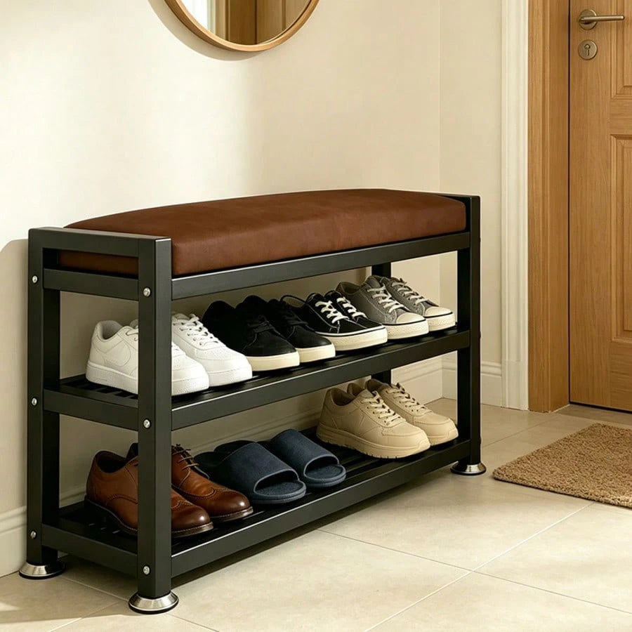 PQSQRJU Modern Entryway Shoe Changing Bench, Shoe Rack With Soft Cushion, Shoe Storage Organizer, Easy-To-Install Metal Frame-- Ideal For Bedroom Or Hallway. Multi-Compartment Design, Space-Saving En