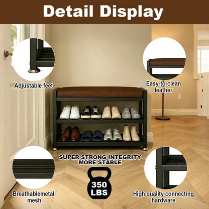 PQSQRJU Modern Entryway Shoe Changing Bench, Shoe Rack With Soft Cushion, Shoe Storage Organizer, Easy-To-Install Metal Frame-- Ideal For Bedroom Or Hallway. Multi-Compartment Design, Space-Saving En