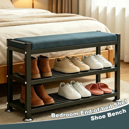 PQSQRJU Modern Entryway Shoe Changing Bench, Shoe Rack With Soft Cushion, Shoe Storage Organizer, Easy-To-Install Metal Frame-- Ideal For Bedroom Or Hallway. Multi-Compartment Design, Space-Saving En