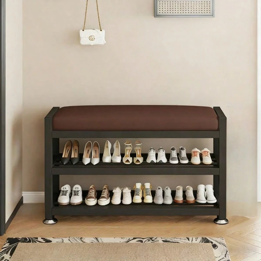 PQSQRJU [Soft Cushion Shoe Stool] Modern Shoe Changing Stool With Soft Cushion- Multi Compartment Shoe Storage Organizer, Space Saving Metal Frame Shoe Rack For Bedroom Or Foyer, Easy To Install Entr