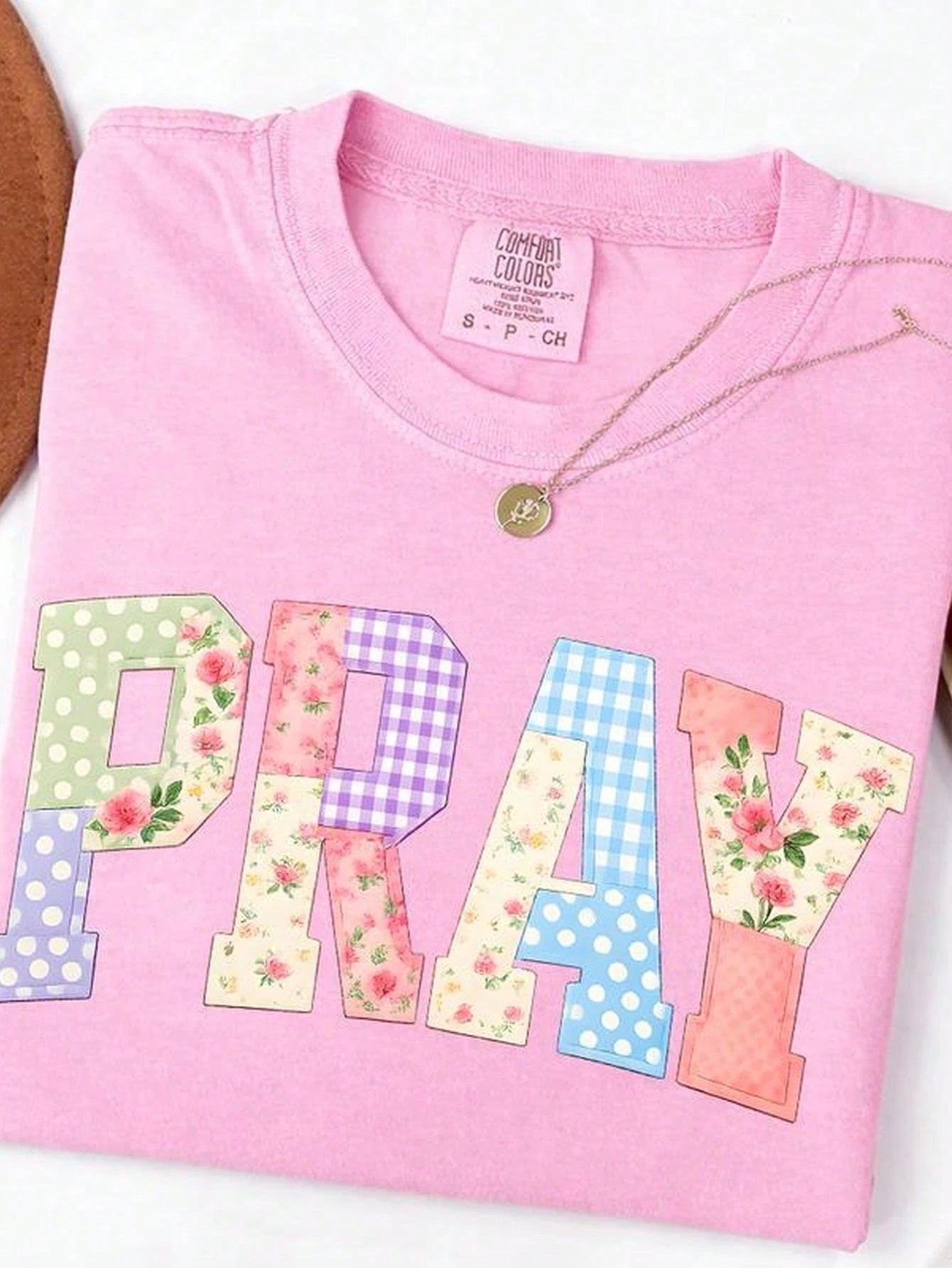 PRAY Christian Shirt, Faux Quilted Faith Tee, Religious Jesus Shirt, Boho Floral Christian Shirt, Easter Faith Gift-Loose-Fit Easy Relaxed Style