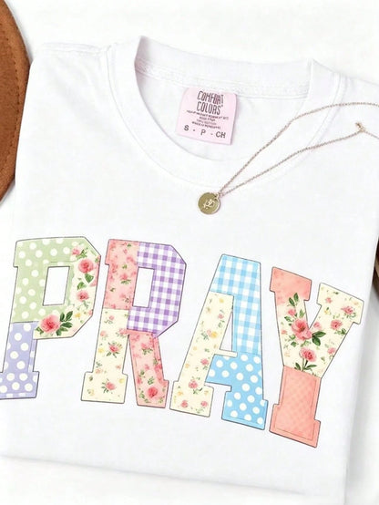 PRAY Christian Shirt, Faux Quilted Faith Tee, Religious Jesus Shirt, Boho Floral Christian Shirt, Easter Faith Gift-Loose-Fit Easy Relaxed Style