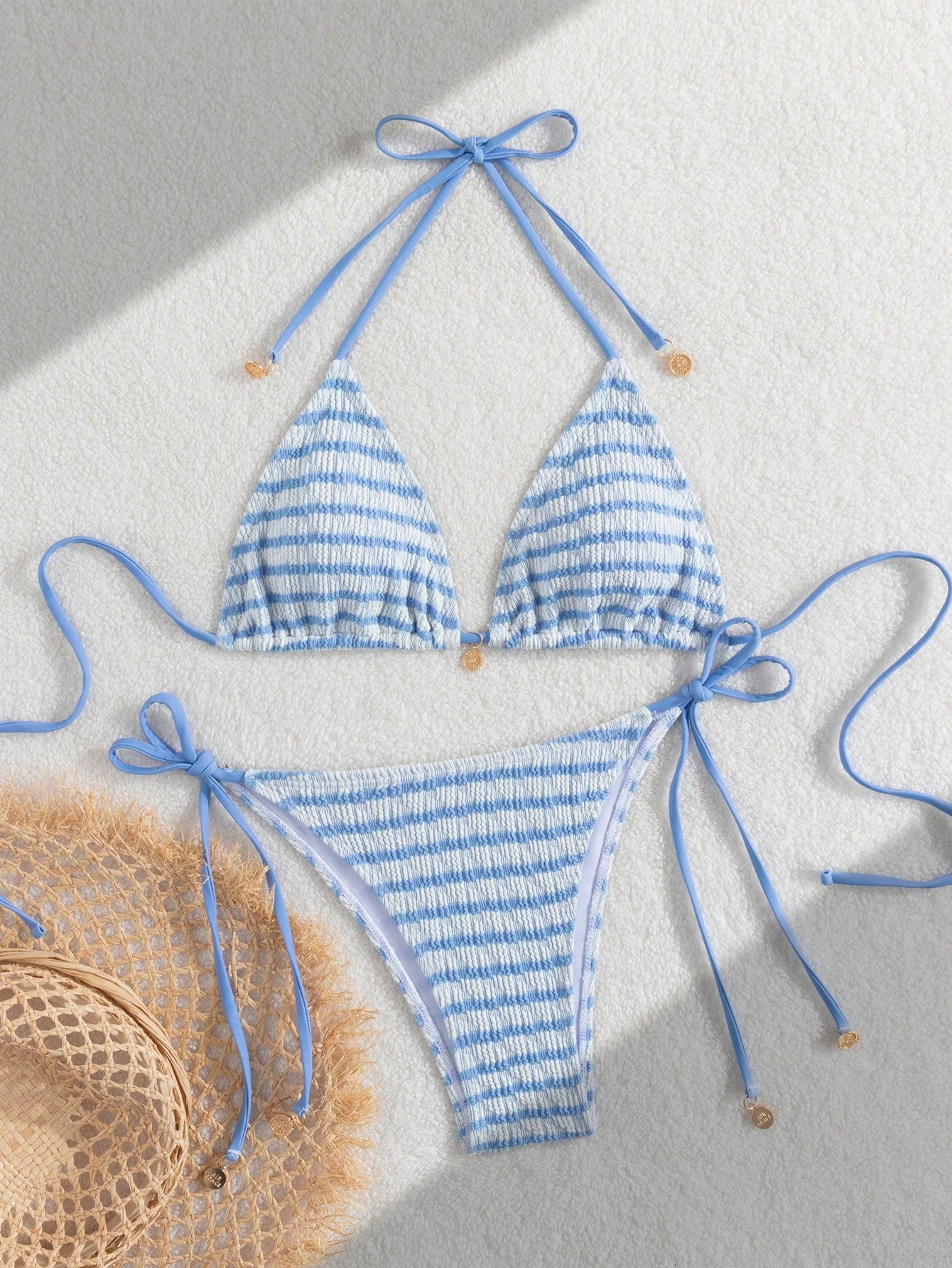 Premium European Halter Bikini With Striped Wavy Split Design, Stylish Color-Block Swimwear Summer Vacation Beach