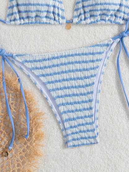 Premium European Halter Bikini With Striped Wavy Split Design, Stylish Color-Block Swimwear Summer Vacation Beach