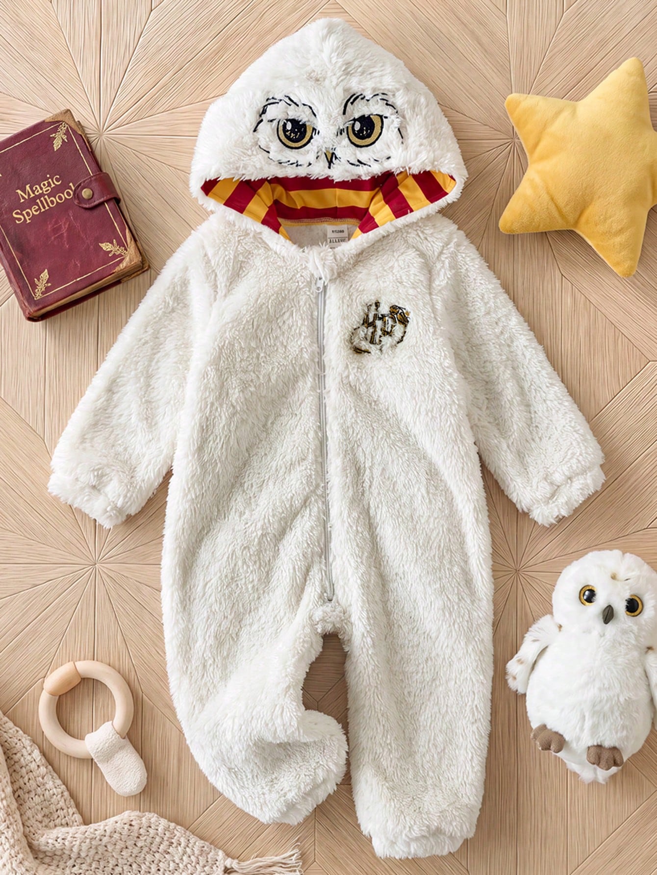 PrepCrw HARRY POTTER X 1pc Baby Boy Comfortable Versatile Fashion Casual Minimalist All-Match Solid Color Plush White Hedwig Pattern Embroidered Hooded Romper Long Pants, Suitable For Indoor, Da