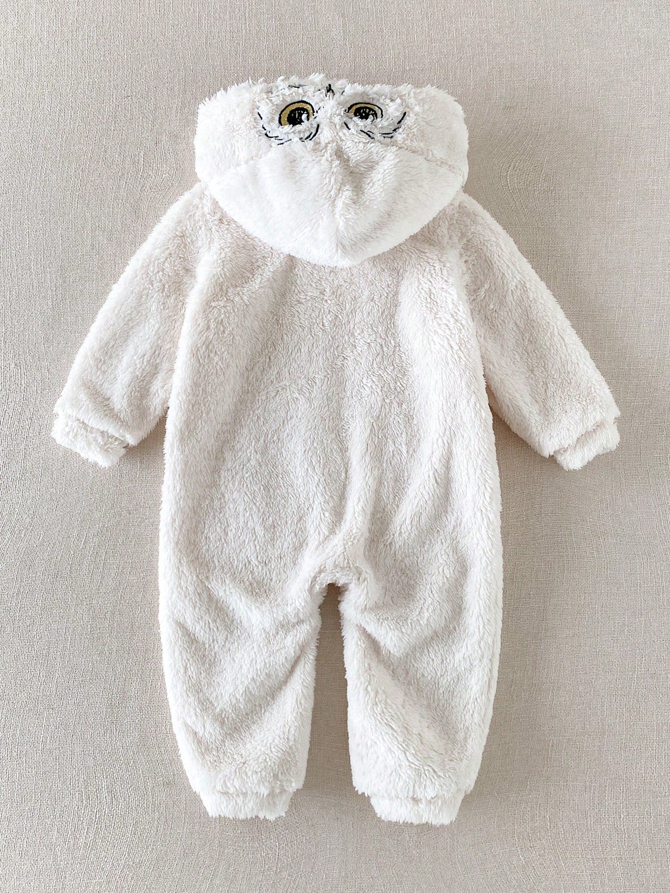 PrepCrw HARRY POTTER X 1pc Baby Boy Comfortable Versatile Fashion Casual Minimalist All-Match Solid Color Plush White Hedwig Pattern Embroidered Hooded Romper Long Pants, Suitable For Indoor, Da