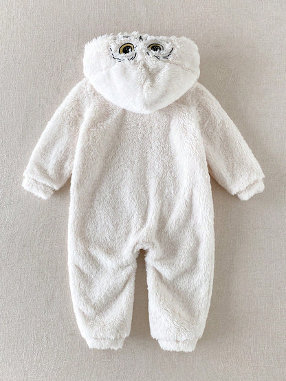 PrepCrw HARRY POTTER X 1pc Baby Boy Comfortable Versatile Fashion Casual Minimalist All-Match Solid Color Plush White Hedwig Pattern Embroidered Hooded Romper Long Pants, Suitable For Indoor, Da