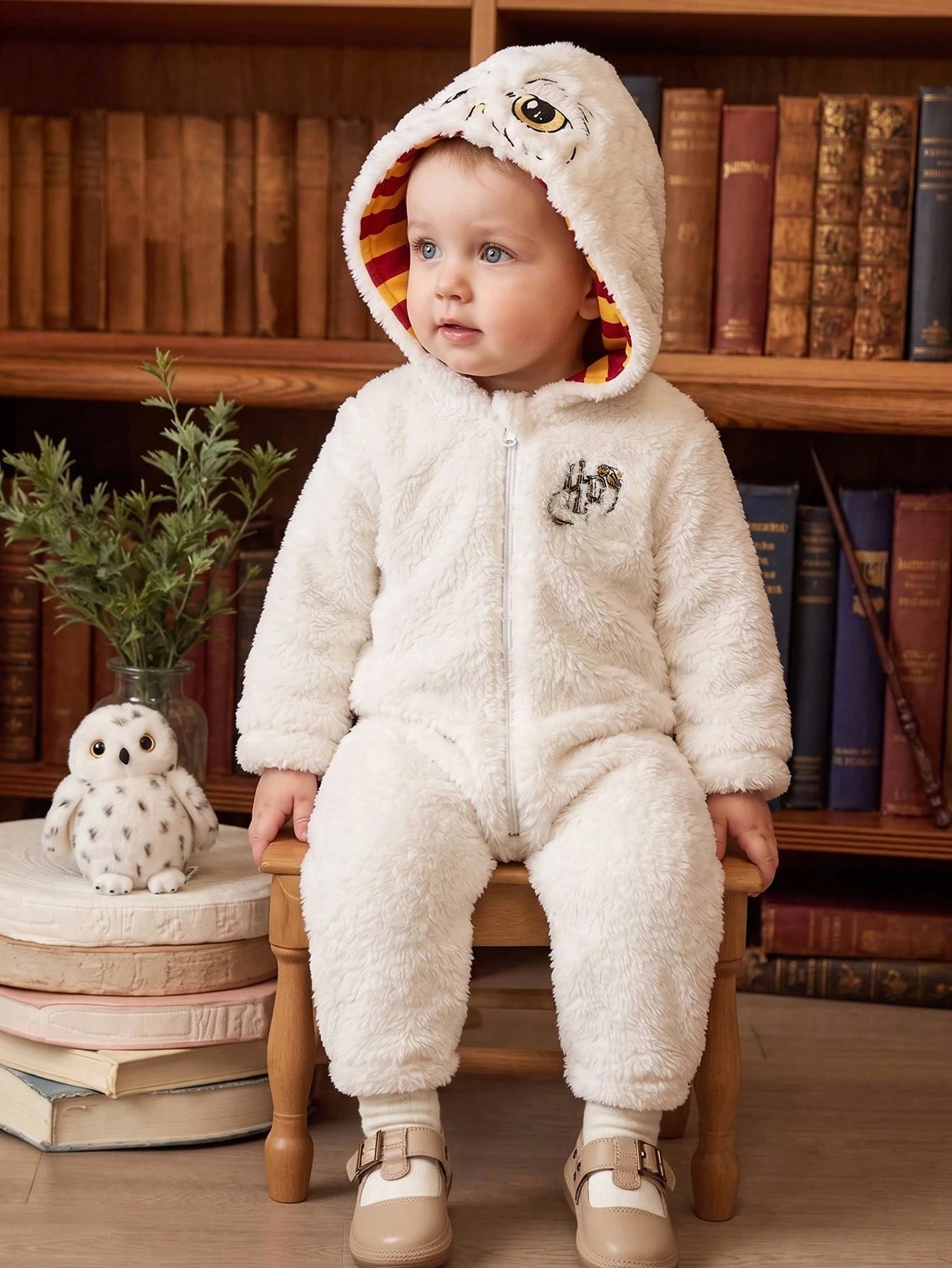 PrepCrw HARRY POTTER X 1pc Baby Boy Comfortable Versatile Fashion Casual Minimalist All-Match Solid Color Plush White Hedwig Pattern Embroidered Hooded Romper Long Pants, Suitable For Indoor, Da