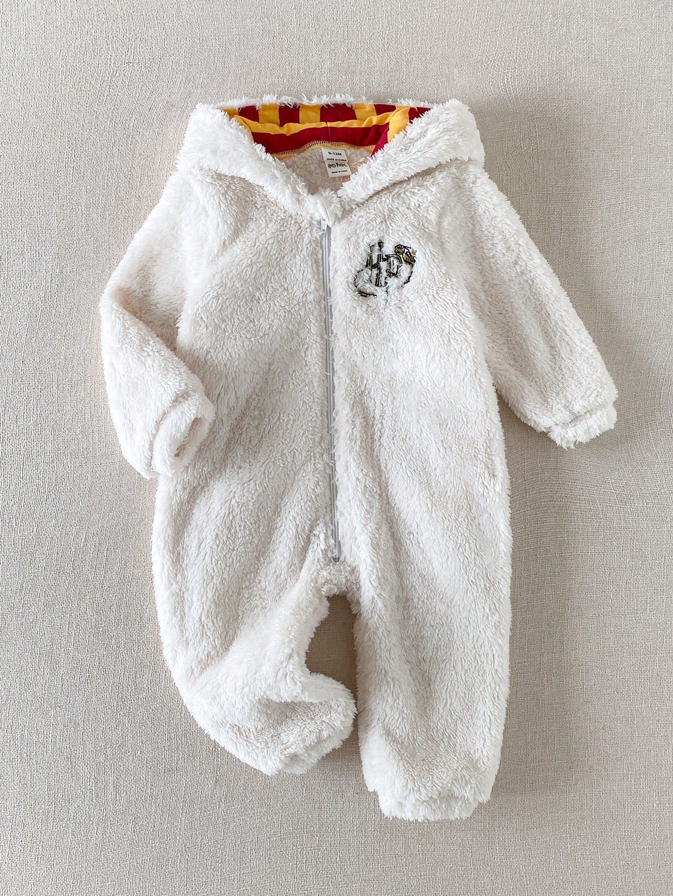 PrepCrw HARRY POTTER X 1pc Baby Boy Comfortable Versatile Fashion Casual Minimalist All-Match Solid Color Plush White Hedwig Pattern Embroidered Hooded Romper Long Pants, Suitable For Indoor, Da