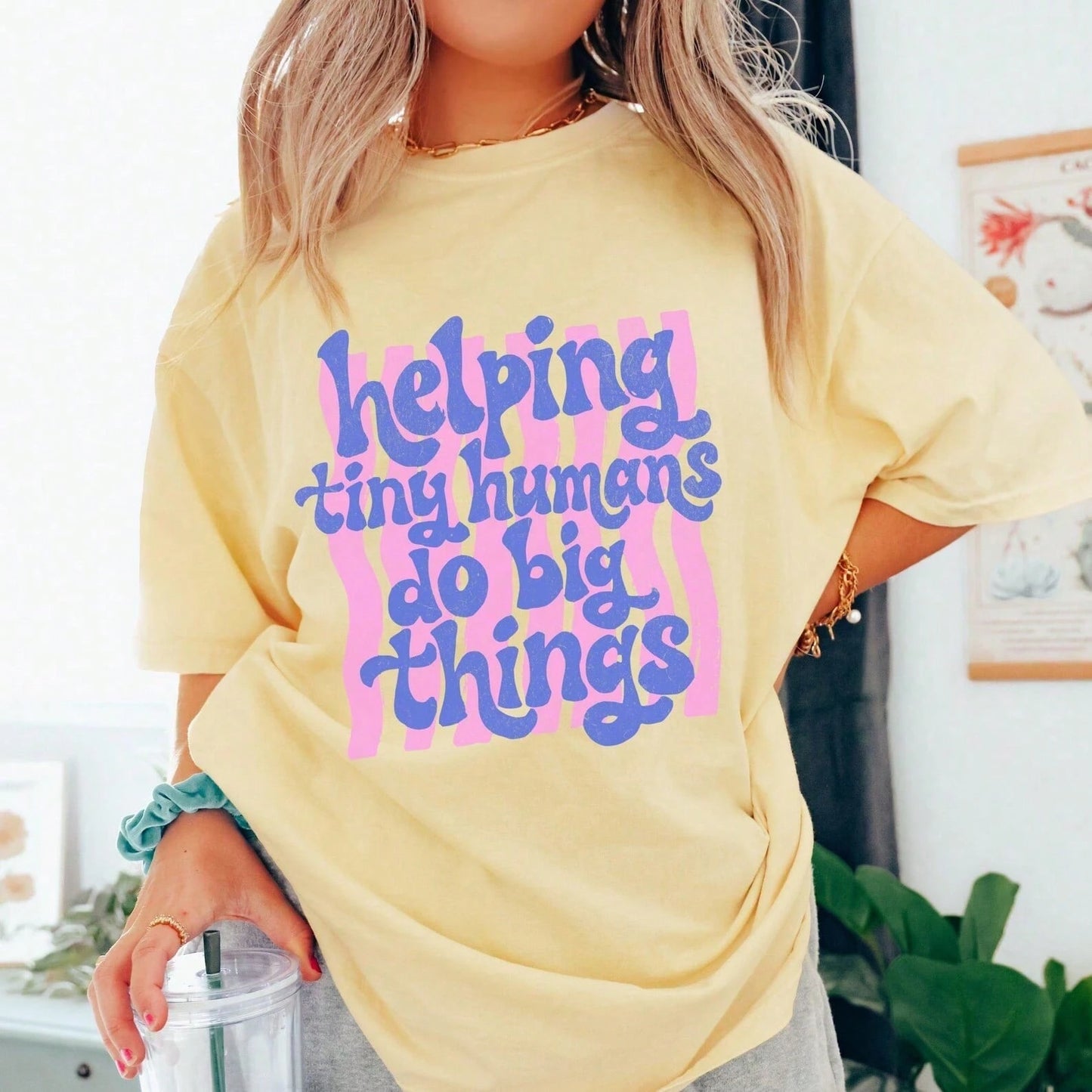 Preppy Helping Tiny Humans Teacher-Shirt Cute Groovy Back To School Graphic Tee Summer Vacation Outfits Women