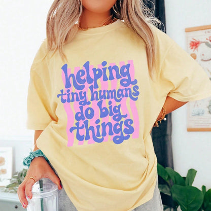 Preppy Helping Tiny Humans Teacher-Shirt Cute Groovy Back To School Graphic Tee Summer Vacation Outfits Women