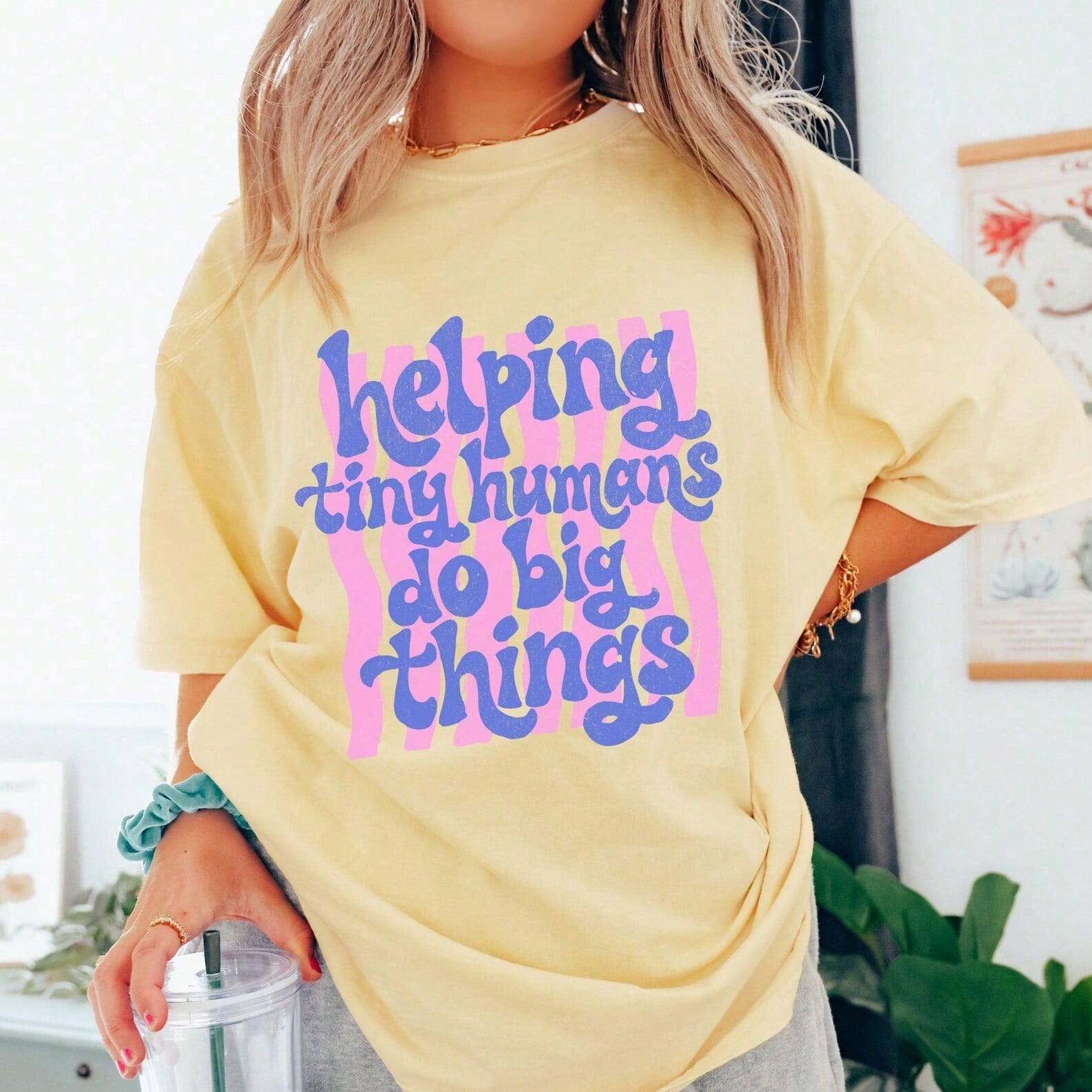 Preppy Helping Tiny Humans Teacher-Shirt Cute Groovy Back To School Graphic Tee Summer Vacation Outfits Women