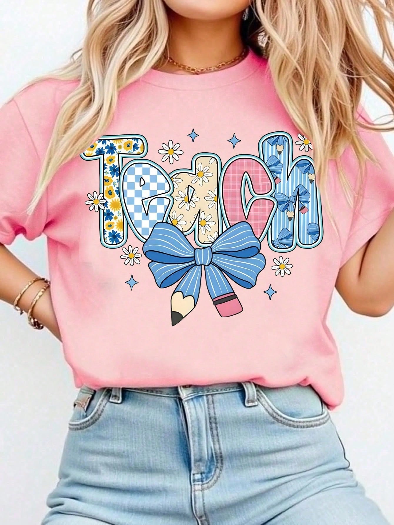Preppy Teacher Floral Shirts, Teach Blue Floral Tee, Preppy Teacher Tops, Pencil Bow Teacher Checkered T-Shirts,Summer Outfits For Women