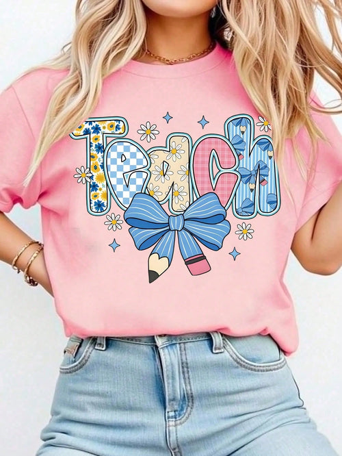 Preppy Teacher Floral Shirts, Teach Blue Floral Tee, Preppy Teacher Tops, Pencil Bow Teacher Checkered T-Shirts,Summer Outfits For Women