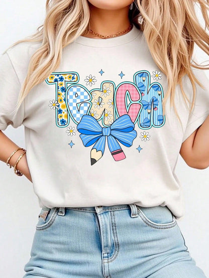 Preppy Teacher Floral Shirts, Teach Blue Floral Tee, Preppy Teacher Tops, Pencil Bow Teacher Checkered T-Shirts,Summer Outfits For Women