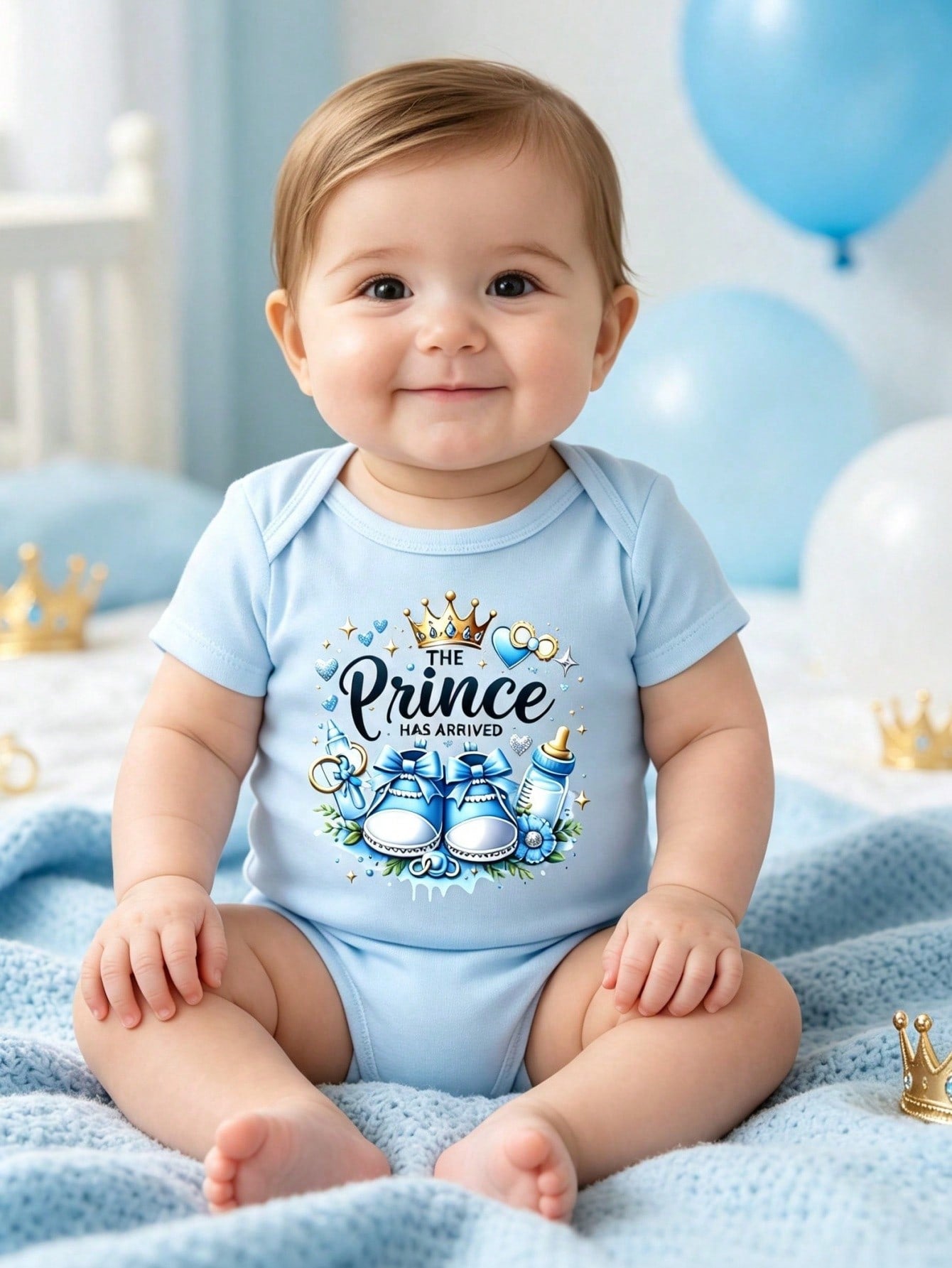 Prince's Visit Prince's Crown Baby Shoes Baby Bottle With Rattle Blue Bow Tie Heart-Shaped Star Leaf Pattern Celebration Newborn Baby Royal Announceme
