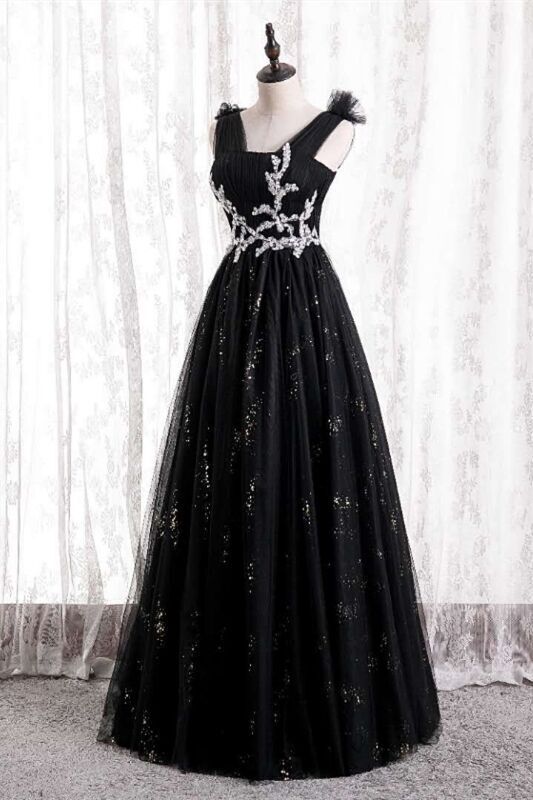 Princess A-line Black Tulle Long Formal Dress