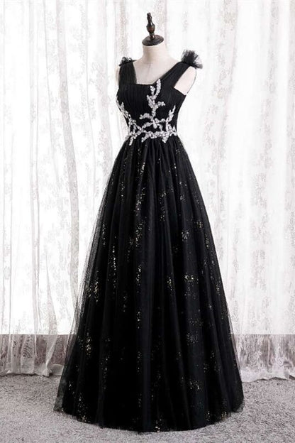 Princess A-line Black Tulle Long Formal Dress