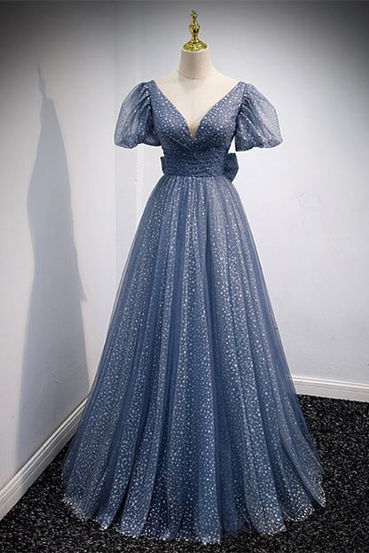 Princess Blue A-line Polk Dots Bow Long Prom Dress