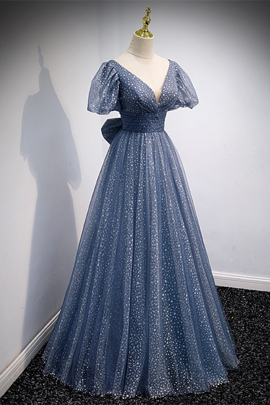 Princess Blue A-line Polk Dots Bow Long Prom Dress