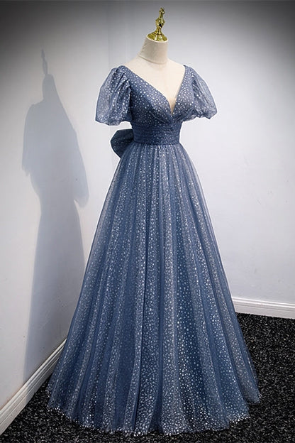 Princess Blue A-line Polk Dots Bow Long Prom Dress