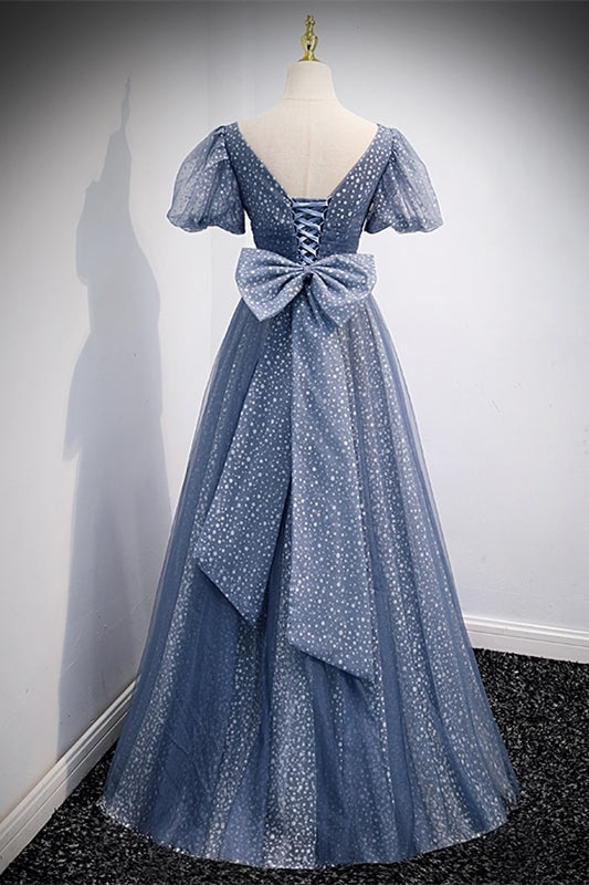Princess Blue A-line Polk Dots Bow Long Prom Dress