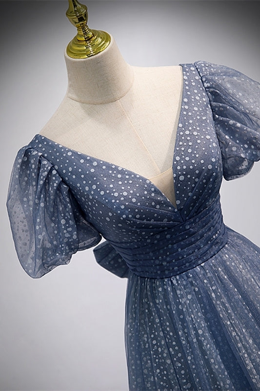 Princess Blue A-line Polk Dots Bow Long Prom Dress