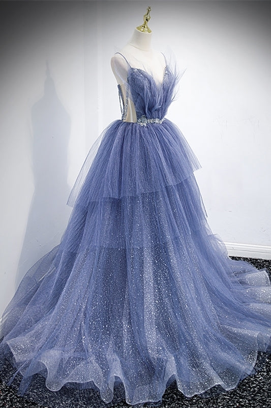 Princess Blue Spaghetti Straps Tiered Long Formal Gown