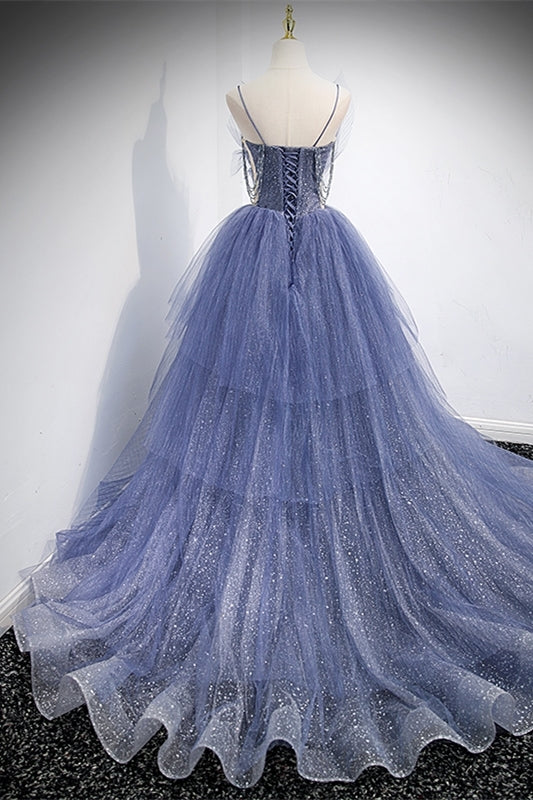 Princess Blue Spaghetti Straps Tiered Long Formal Gown