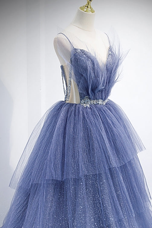 Princess Blue Spaghetti Straps Tiered Long Formal Gown