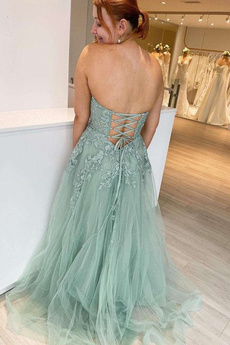 Princess Green Appliques A-line Sweetheart Tulle Long Prom Dress