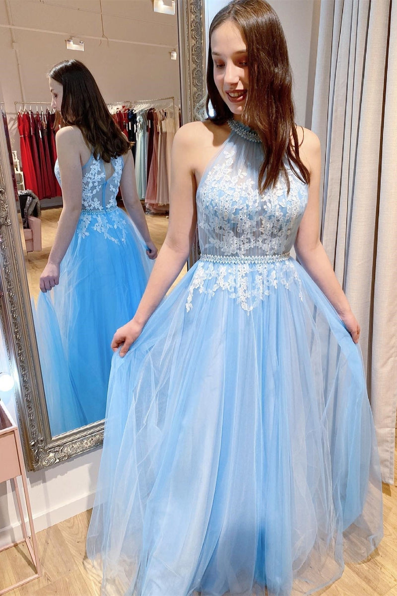 Princess High Neck Blue and White Lace Long Prom Dress