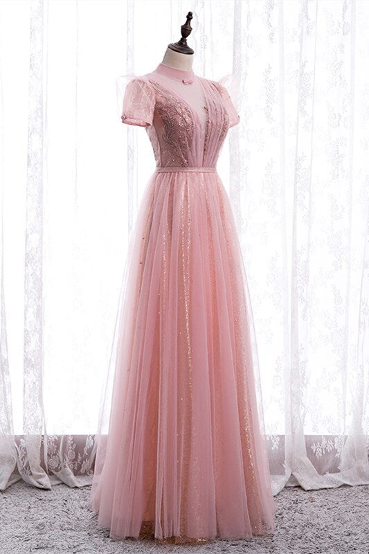 Princess High Neck Pink Long Party Dress