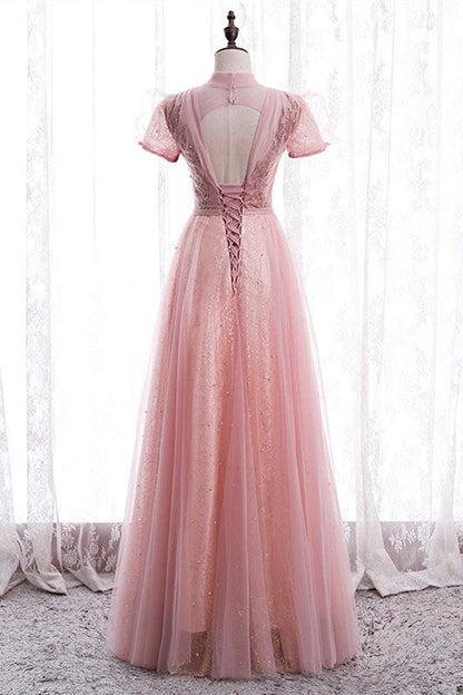 Princess High Neck Pink Long Party Dress