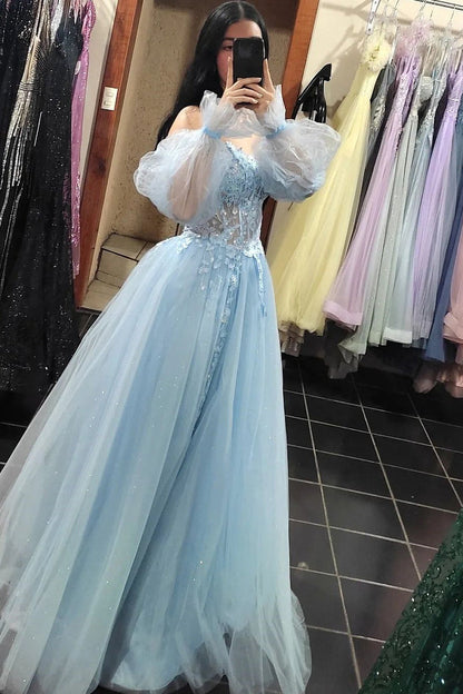 Princess Light Blue Lace Appliques A-line Formal Dress