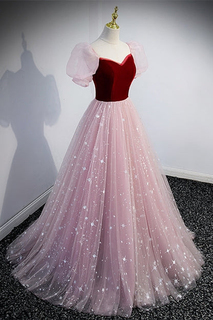 Princess Pink Soft Tulle and Burgundy Velvet Long Formal Gown