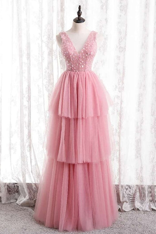 Princess Pink Tiered Tulle Long Formal Dress
