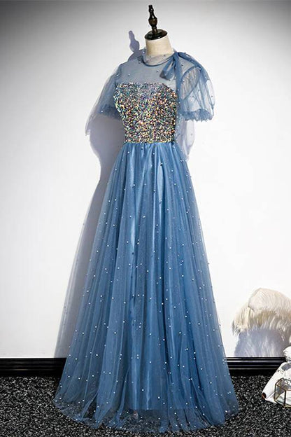 Princess Short Sleeves Blue A-line Party Dress