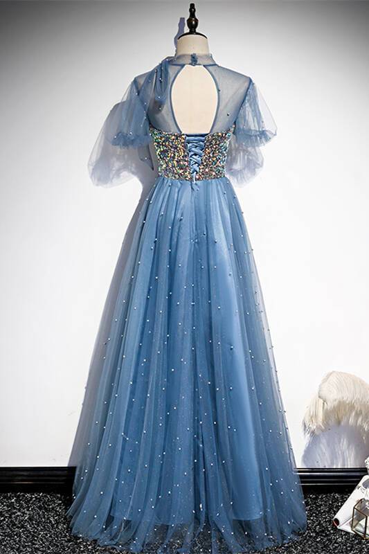 Princess Short Sleeves Blue A-line Party Dress