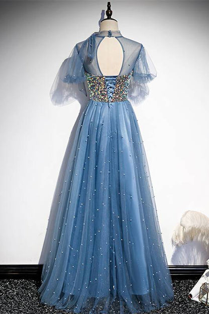Princess Short Sleeves Blue A-line Party Dress
