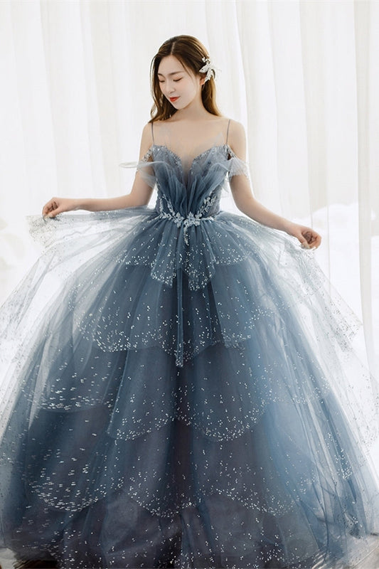Princess Straps Blue Beaded Layers Long Formal Dress