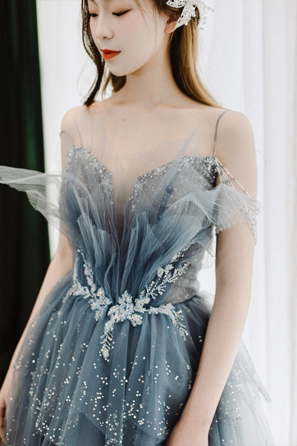 Princess Straps Blue Beaded Layers Long Formal Dress