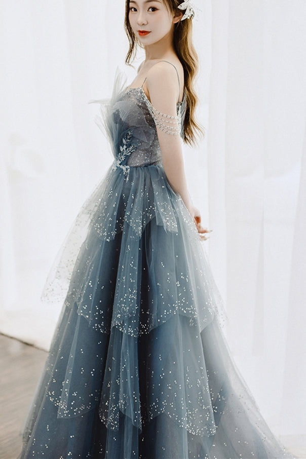 Princess Straps Blue Beaded Layers Long Formal Dress
