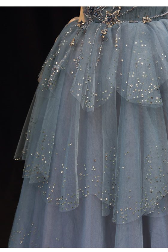 Princess Straps Blue Beaded Layers Long Formal Dress