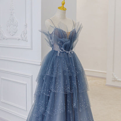 Princess Straps Blue Beaded Layers Long Formal Dress