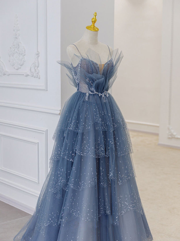 Princess Straps Blue Beaded Layers Long Formal Dress