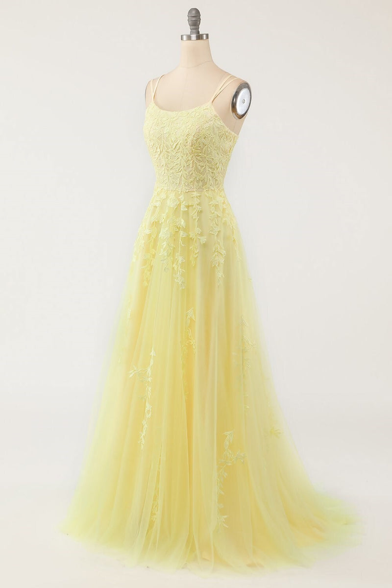 Princess Yellow Appliques A-line Long Prom Dress
