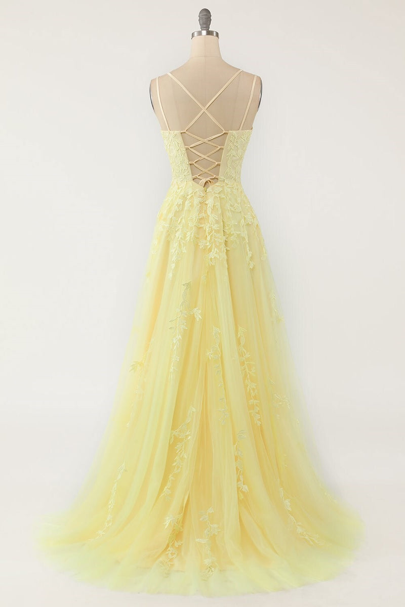 Princess Yellow Appliques A-line Long Prom Dress