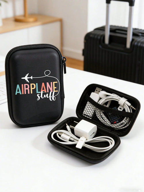 Printed "Airplane Accessories" Sturdy EVA Hard Shell Portable Storage Bag, Anti-Drop Digital Pouch, Electronic Product Organizer, Suitable For Electronic Accessories, Headphones, Hard Drives, Cables