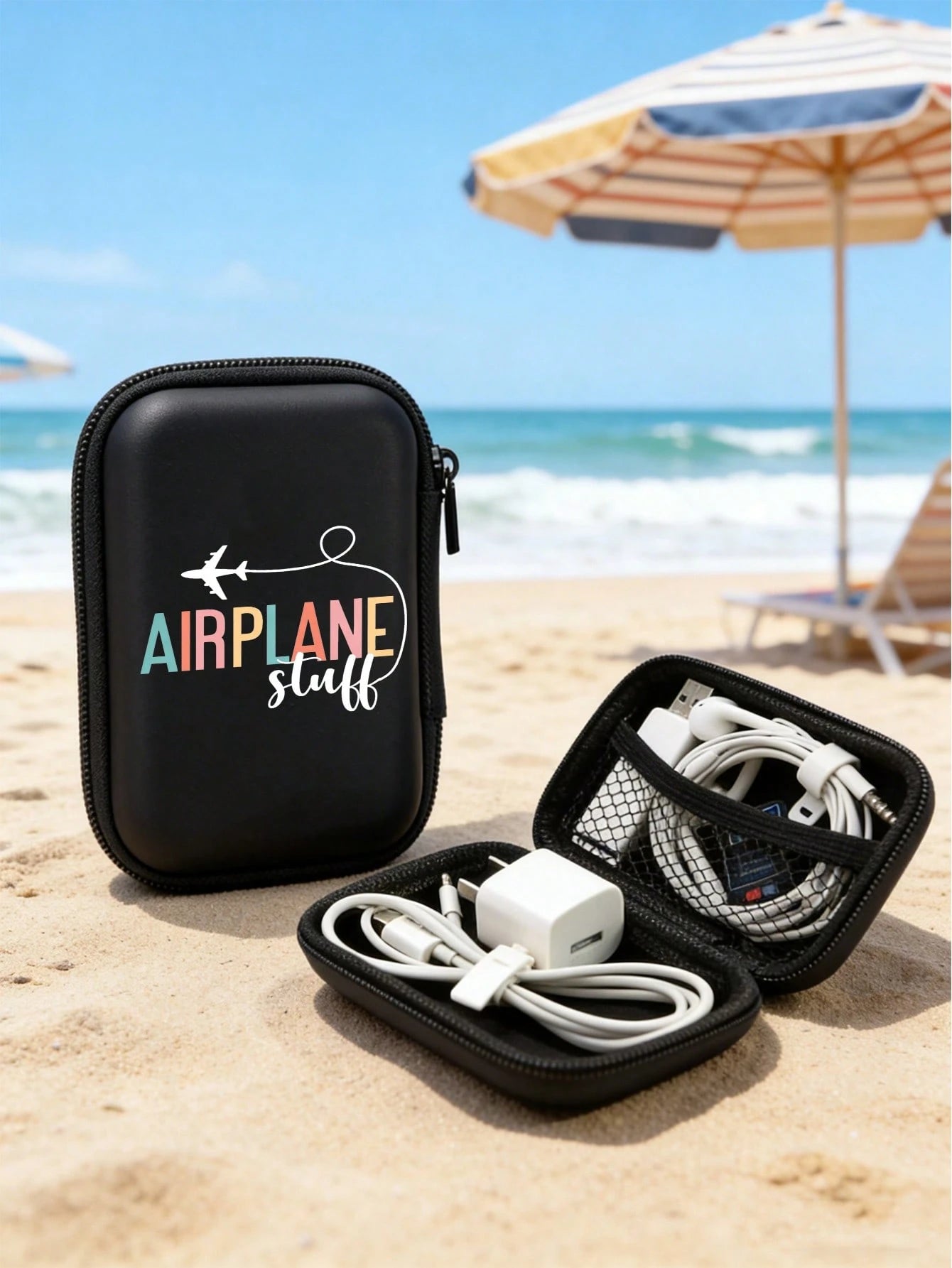 Printed "Airplane Accessories" Sturdy EVA Hard Shell Portable Storage Bag, Anti-Drop Digital Pouch, Electronic Product Organizer, Suitable For Electronic Accessories, Headphones, Hard Drives, Cables